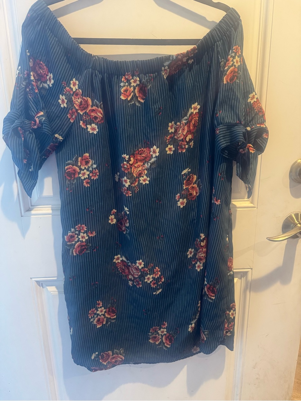 Haute Monde Teal Off-Shoulder Floral Tie-Sleeve Tunic